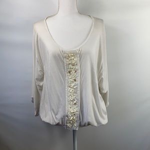 ANTHROPOLOGIE- white dolman sl top with sequin and stone detail down the front